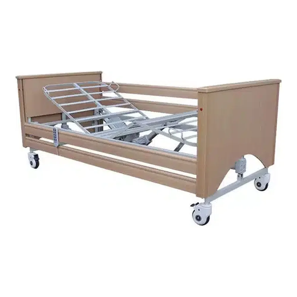 Lit médical électrique 3 fonctions à finition bois avec barrières et télécommande